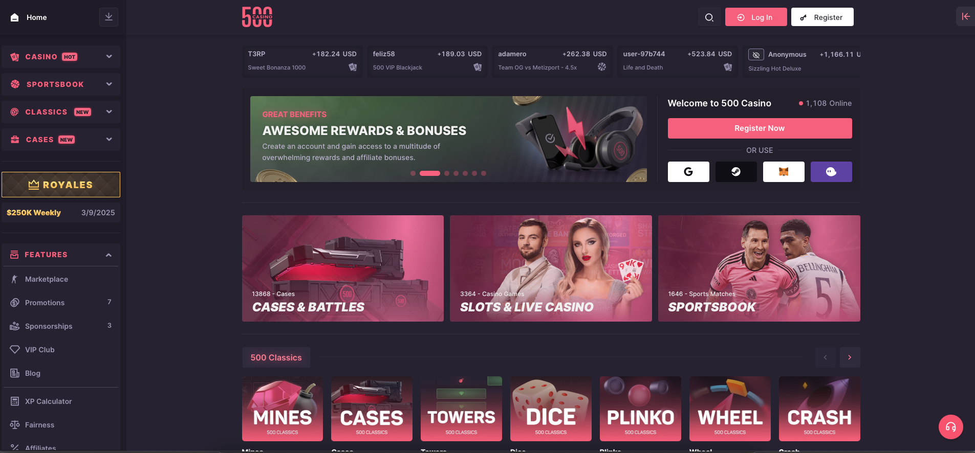 500 Casino Homepage
