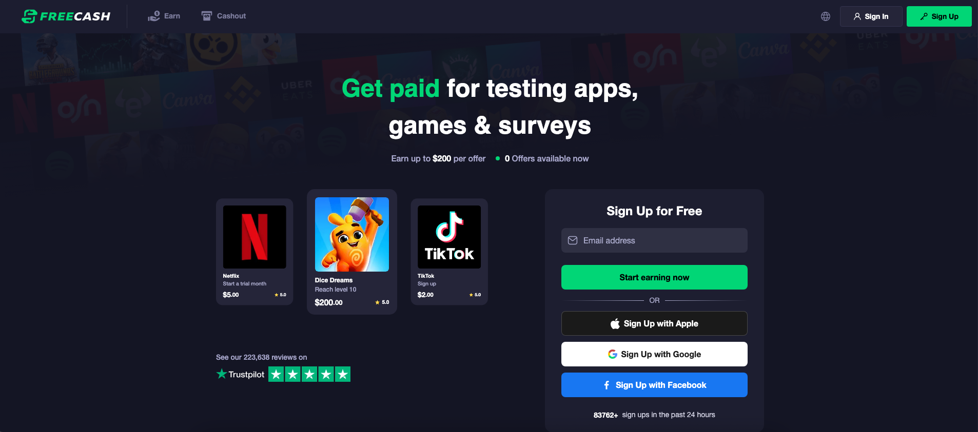 Freecash homepage